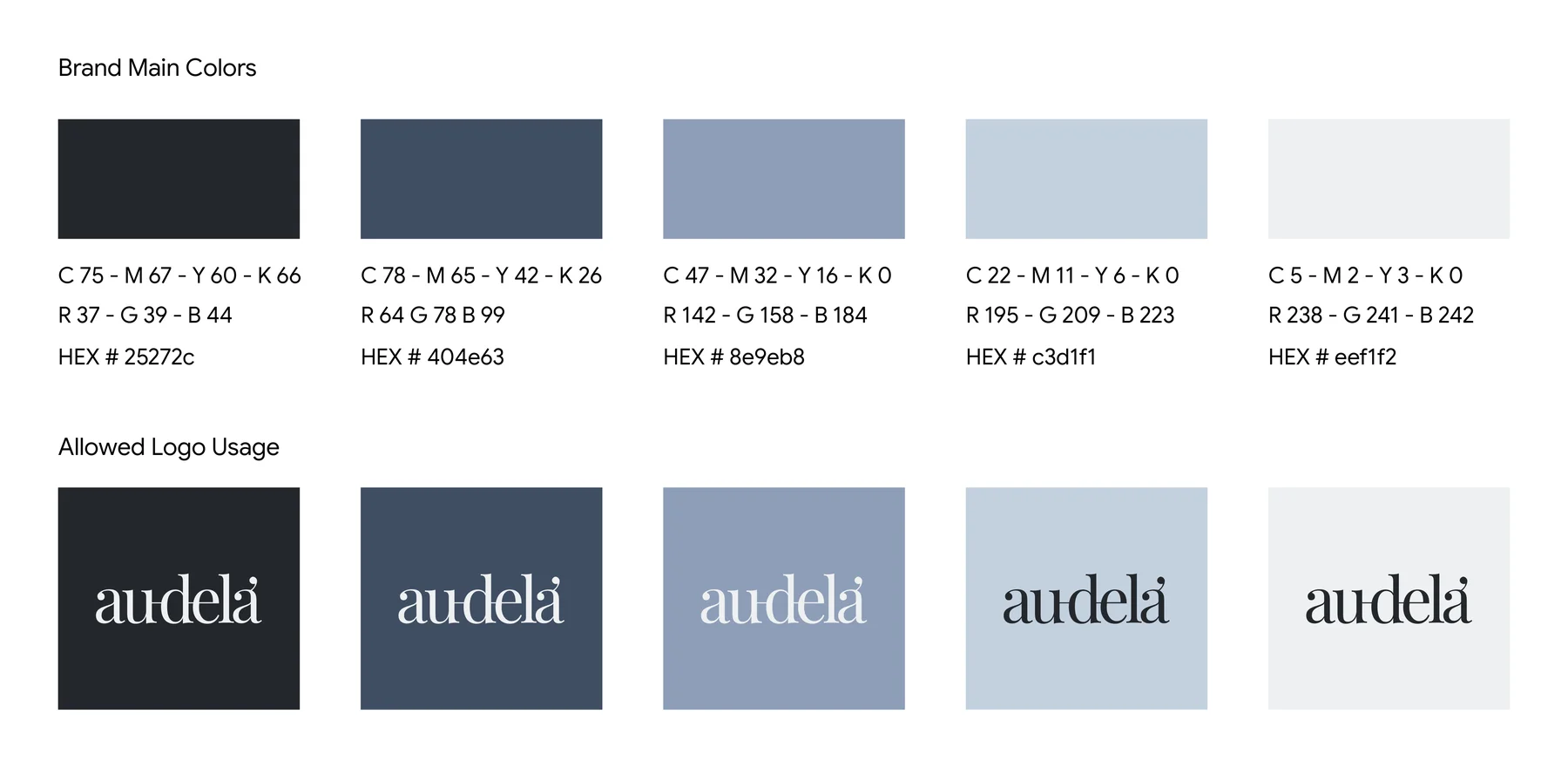 Audelà brand colours: ink, navy, steel blue, mist, and off-white, and the wordmark on each