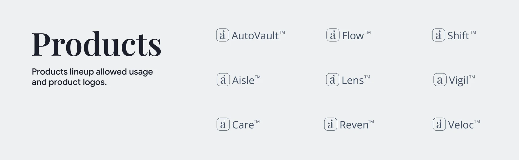 Audelà product line: nine products, each an a in a box with a trademark