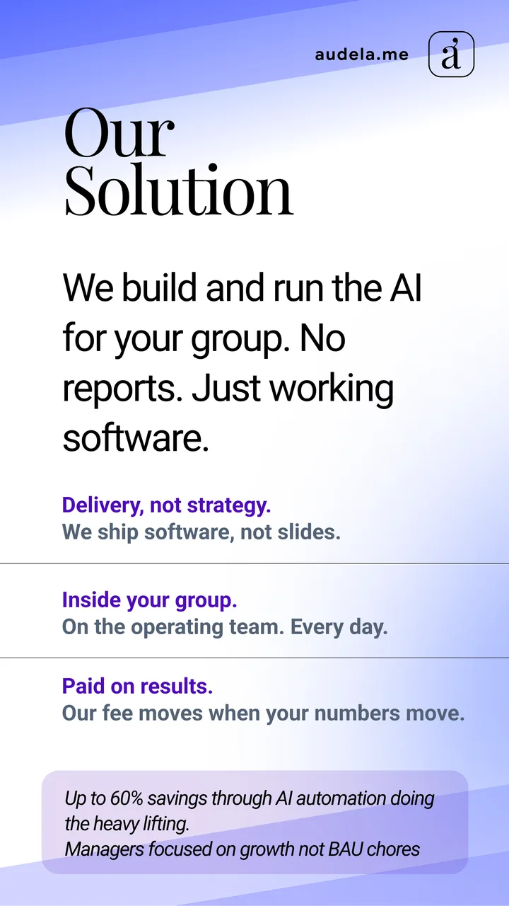 Deck page: our solution, delivery not strategy, paid on results