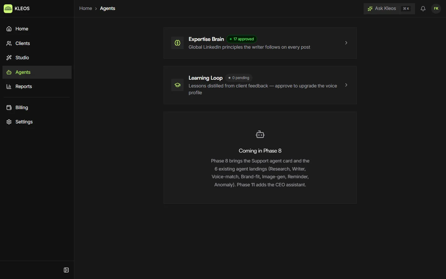 The Kleos console, Agents page: Expertise Brain with 17 approved principles, Learning Loop with 0 pending
