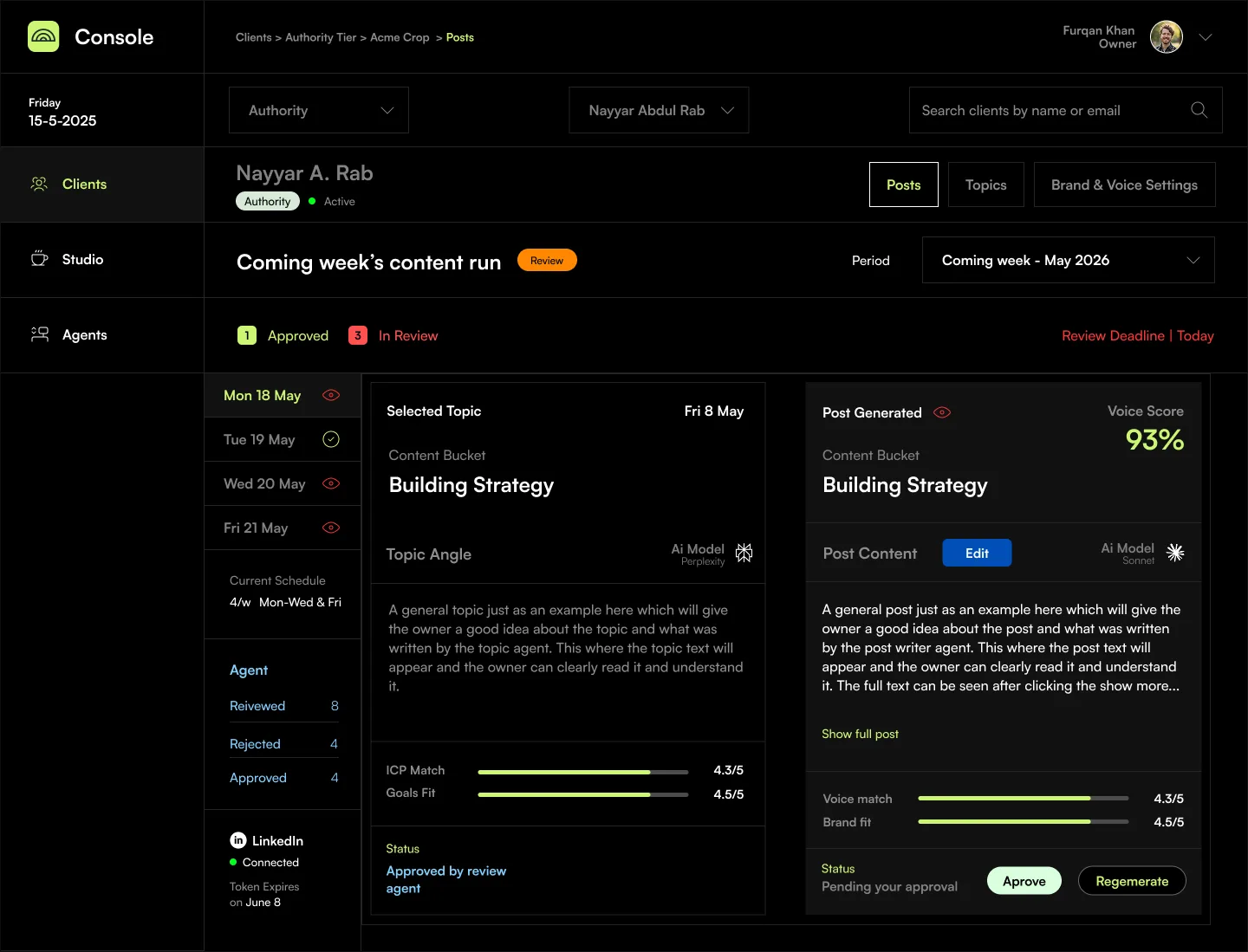 Design frame for the Kleos console client page: selected topic beside the generated post, scores for ICP match, goals fit, voice match and brand fit