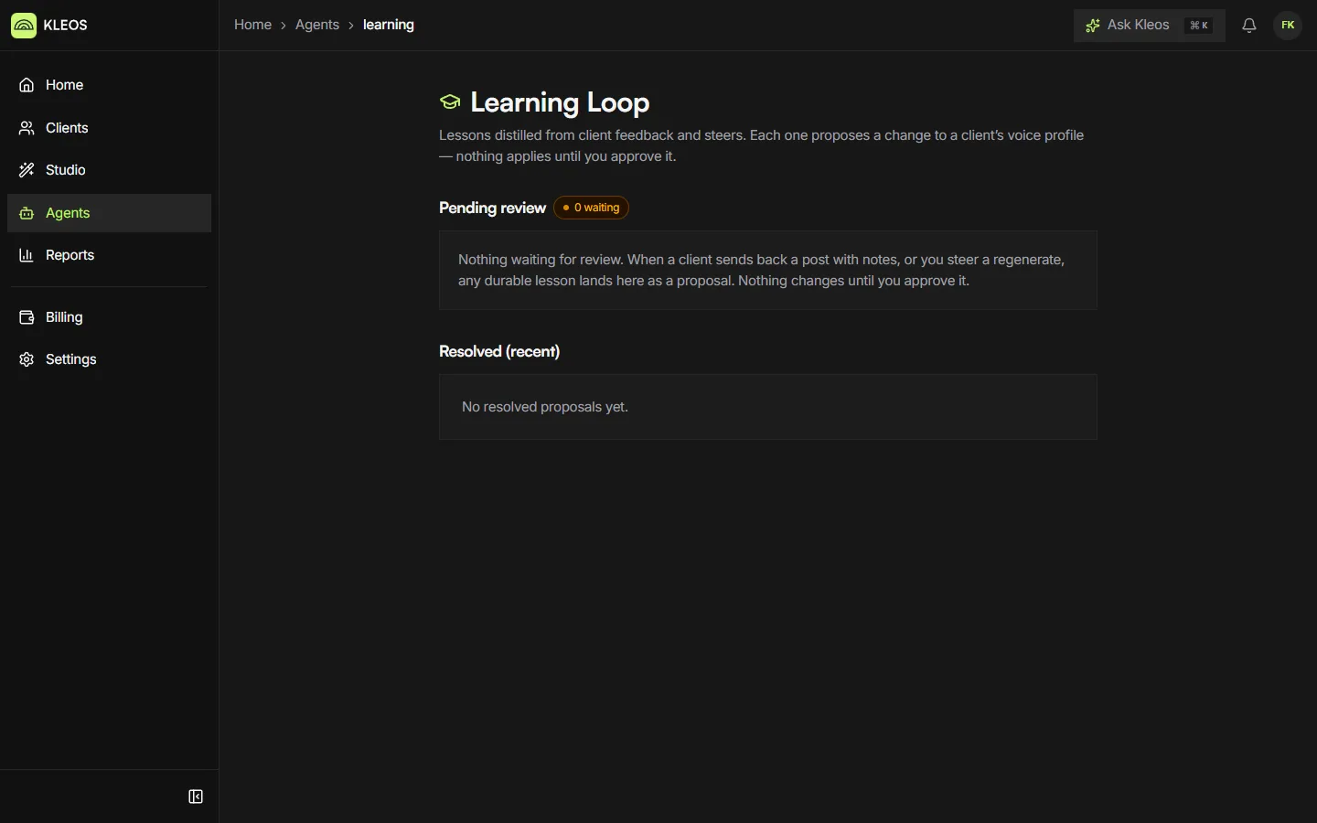 The Kleos console, Learning Loop page: pending review, nothing waiting