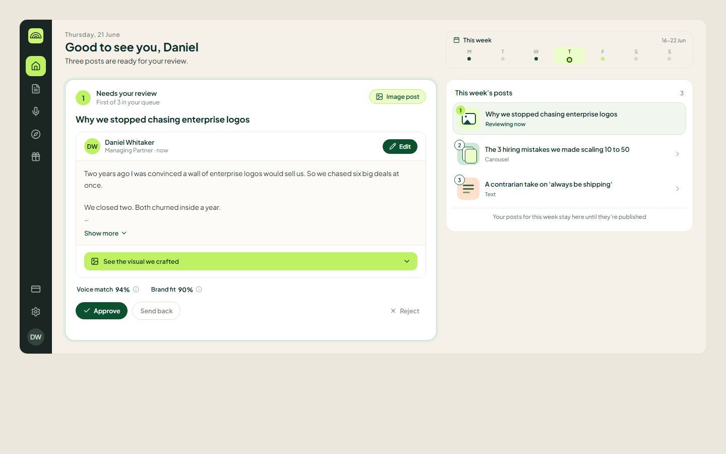 Design prototype of the Kleos client portal home: a greeting, one post that needs review with approve and send back, and this week’s posts on the right
