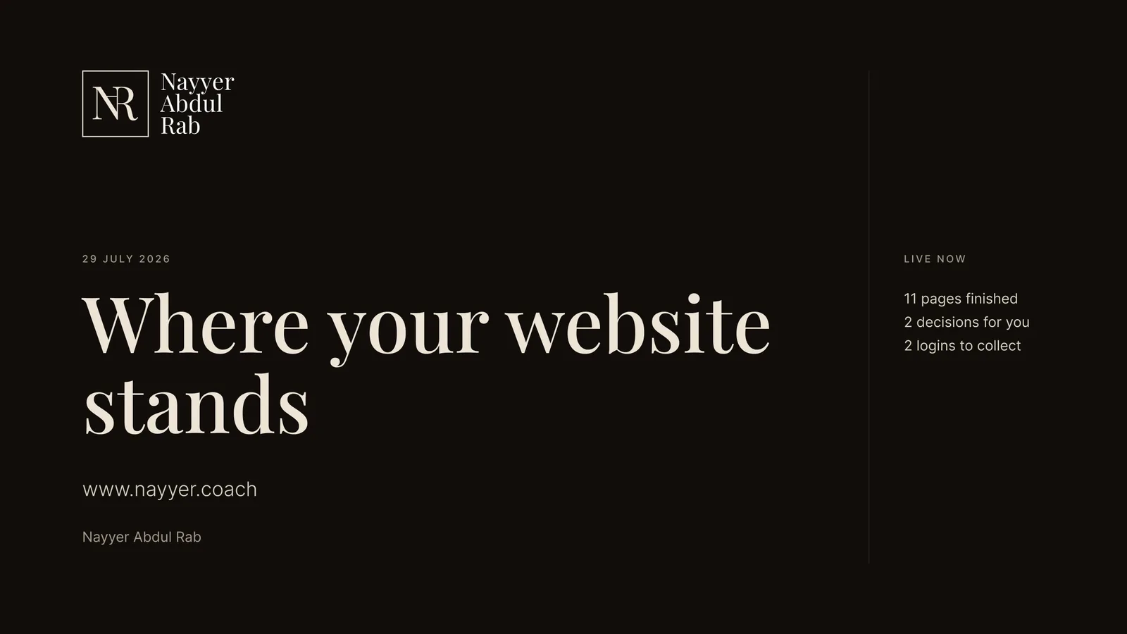 Launch deck cover: where your website stands, live now