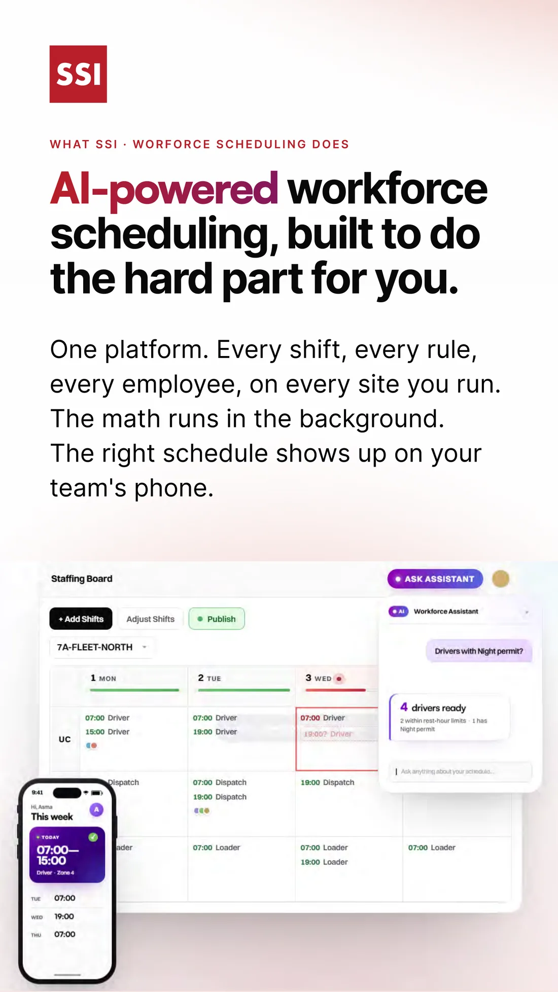 Brochure page: AI-powered workforce scheduling, built to do the hard part for you